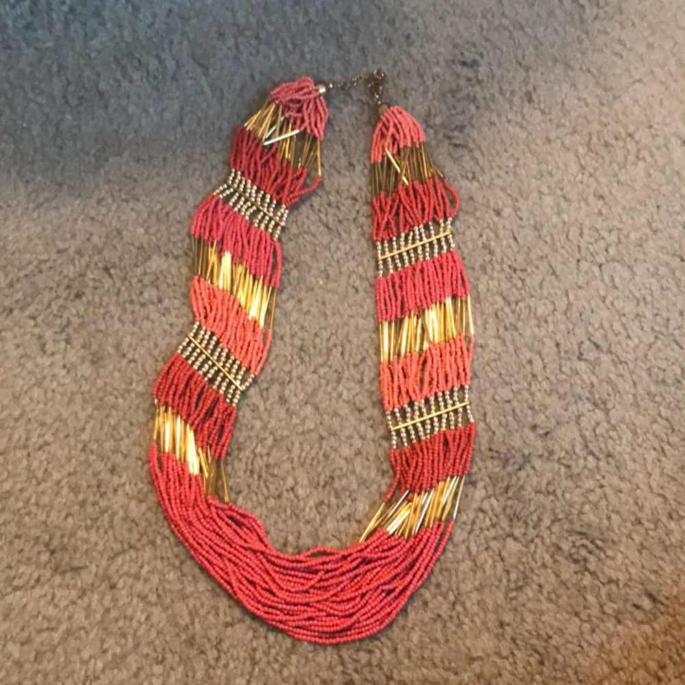 Coral and Gold Beaded Statement Necklace